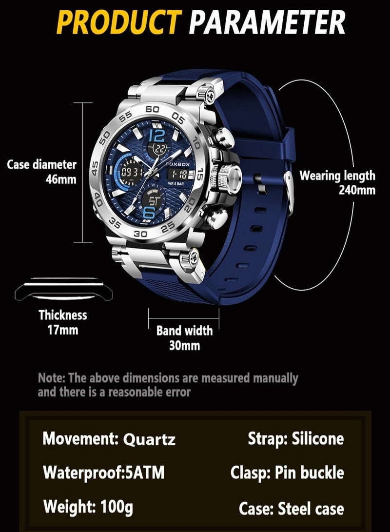 فوكس بوكس ساعات يد فاخرة بشاشة LCD للرجال مقاومة للماء كوارتز عسكرية للرجال + صندوق - Image 2